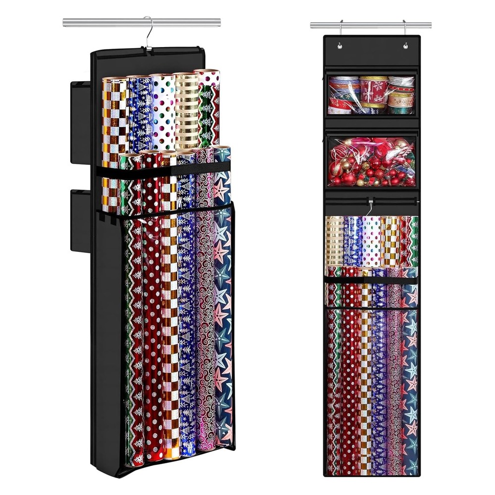Wrapping Paper Organizer Storage, Double-Sided Hanging Gift Wrap Roll Holder ...