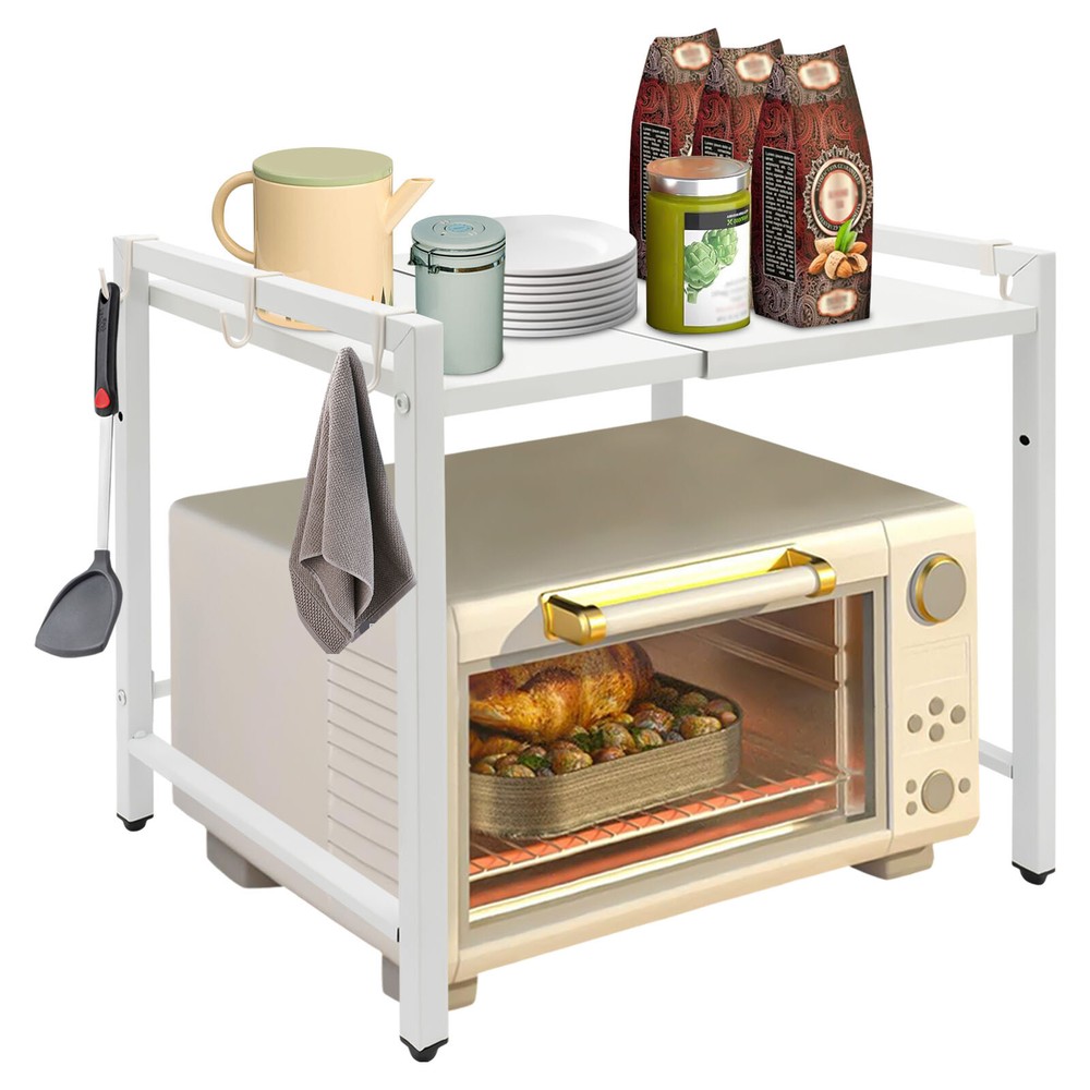 Extendable Microwave Oven Rack, 2-Tiers Adjustable Microwave Stand White Shelf