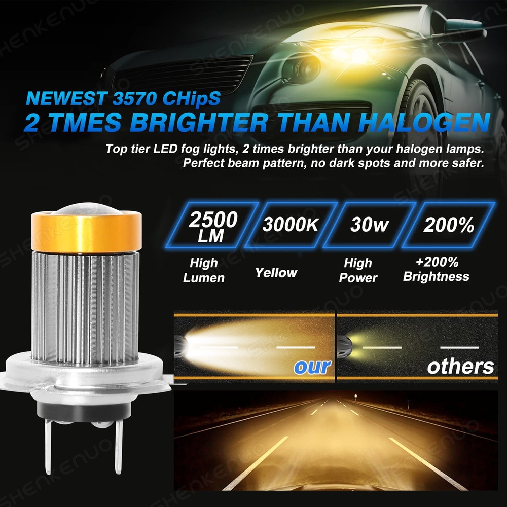 2pcs Error H7 LED Headlight Bulb Hi/Low Bulbs Beam 3000K Yellow Replacement
