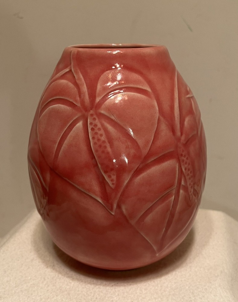 Studio Pottery Vase Anthurium Tropical Flower Design Signed