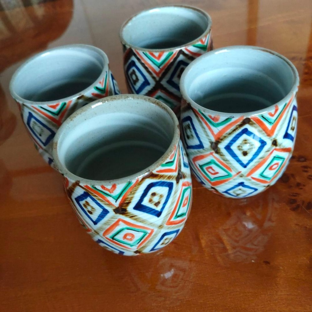 Teacup Set 4pcs Colored Diamond Pattern Geometric