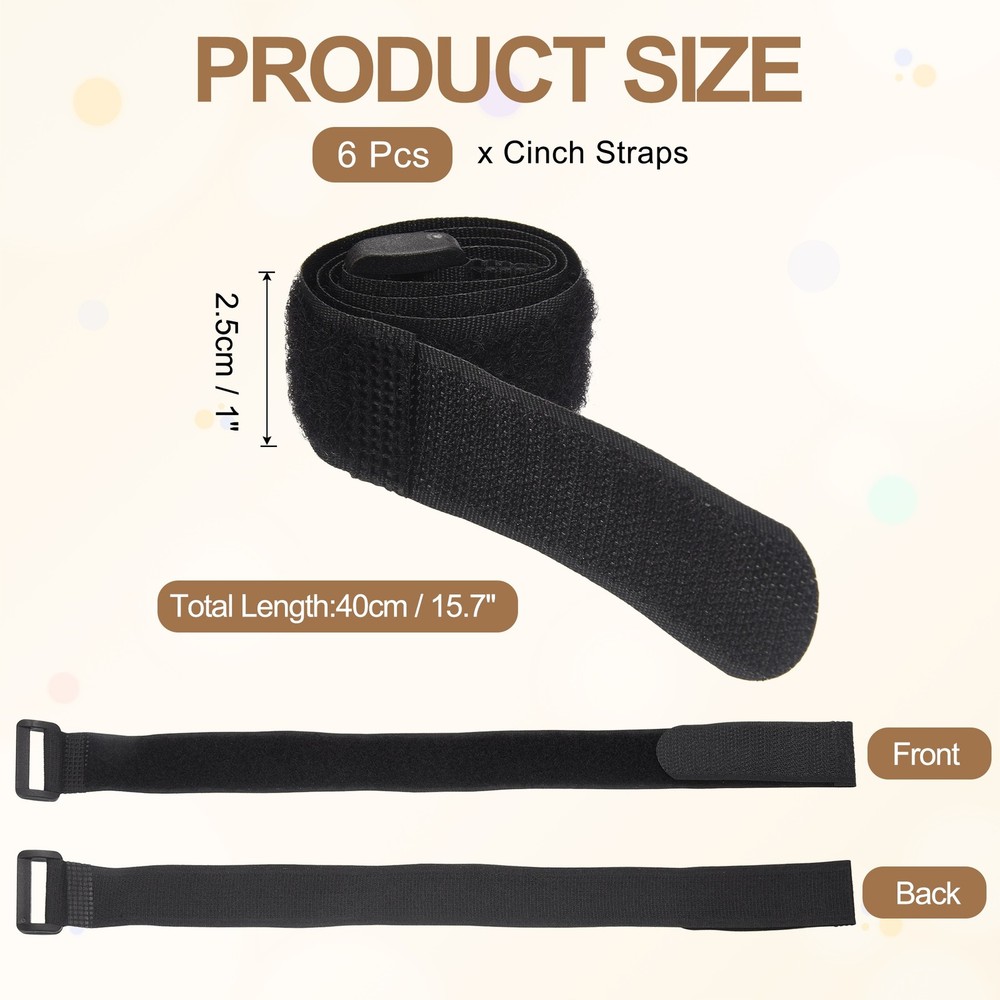6pcs Reusable Cinch Straps 1"x15.7" Hook and Loop Cable Securing Straps, Black