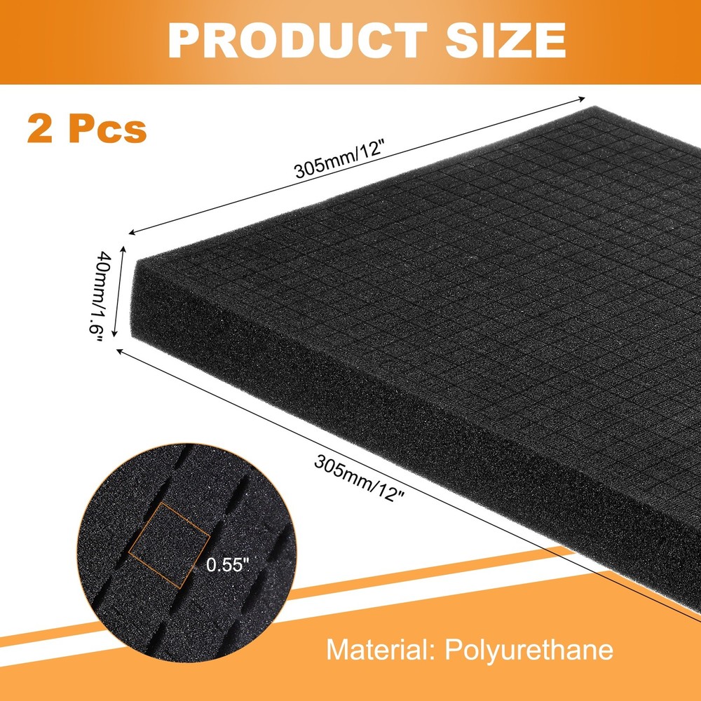 2 pcs Polyurethane Foam Inserts, 16"Lx12"Wx1.6"T Packing Sheets Pre Cut(Black)