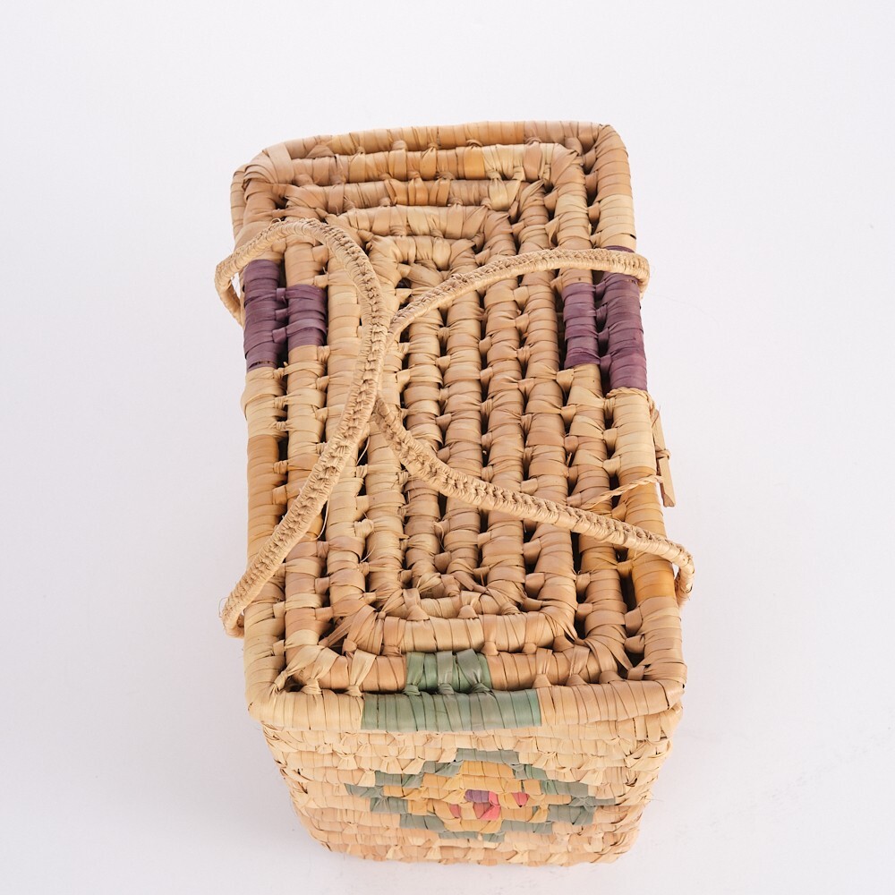 Multi-Colored Straw & Reams Floral Pattern Picnic Basket
