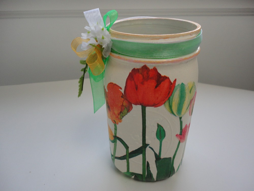 Decoupage Quart Mason Jar, Tulips (Hand Made)