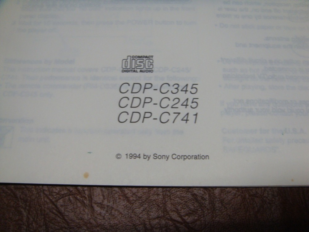 Original Sony CDP 345 CD Player Owners Manual