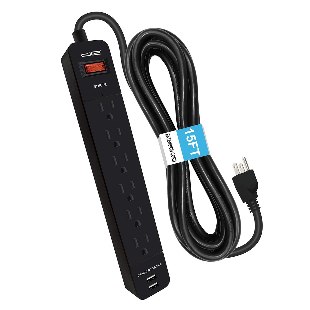 6 Outlet Surge Protector, 15 Ft, USB, Black