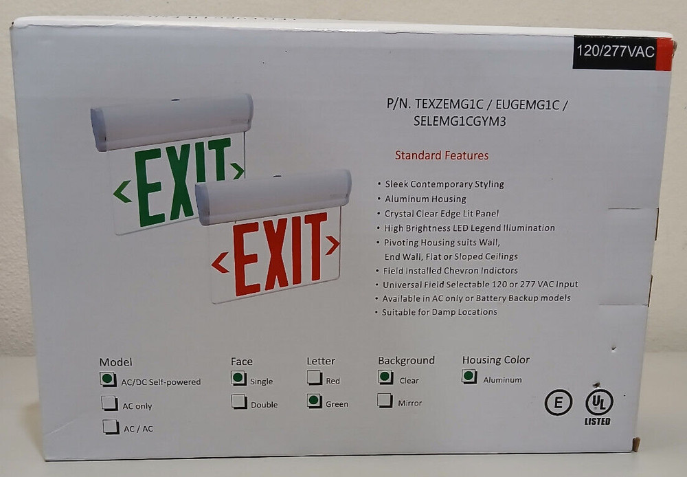 LED EDGE LIT EXIT SIGN UNIVERSAL SURFACE MOUNT AC/DC SELF POWERED SINGLE FACE