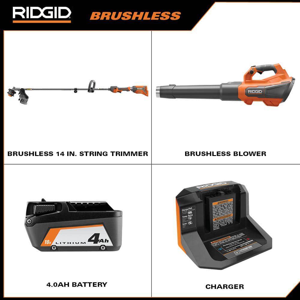 RIDGID 2-Tool Kit 14" 18V Brushless Cordless Battery String Trimmer Leaf Blower