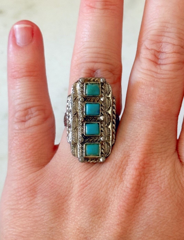 Large Vintage Turquoise Look Silver Tone Statement Ring Filigree Adjustable Ring