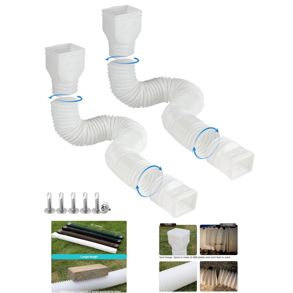 2-Pack White Downspout Extensions: Flexible Rain Gutter Drainage, 21-68 Inches