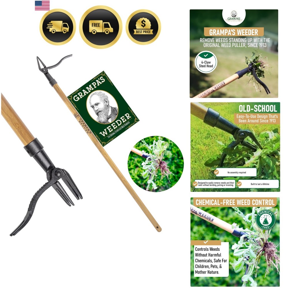 The  Stand Up Weed Puller Tool with Long Handle - Made with Real Bamboo & 4-C...