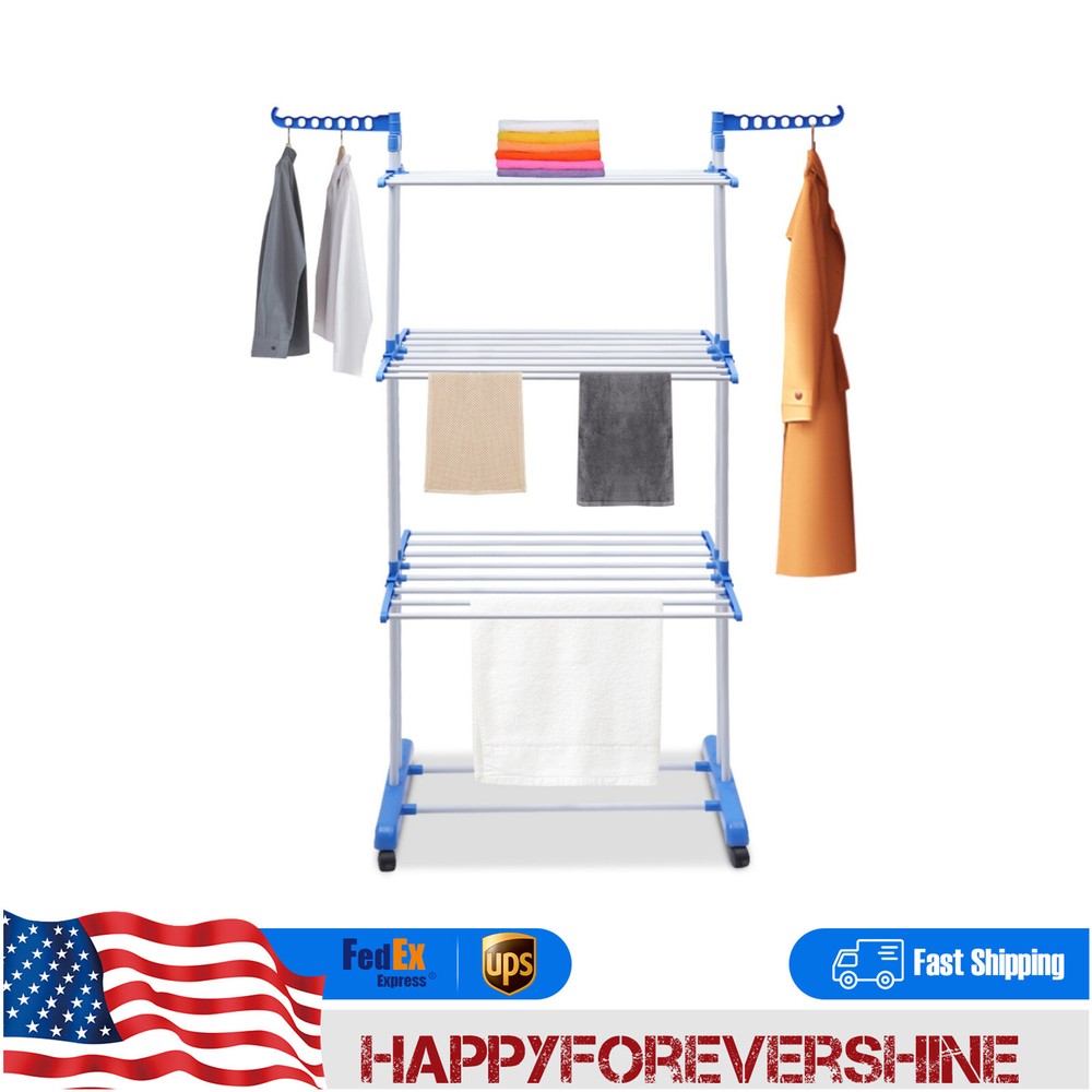 Heavy Duty Laundry Clothes Drying Rack Foldable Garment Rolling Dryer Hanger