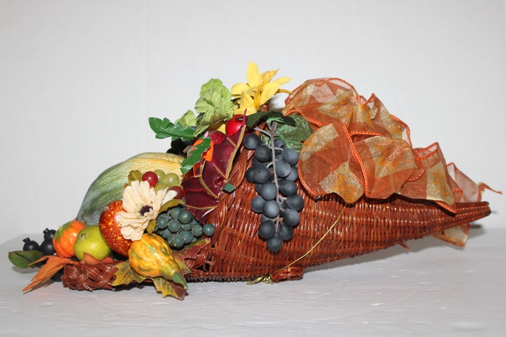 Cornucopia in Wicker Basket with Artificial Fall Thanksgiving Flowers