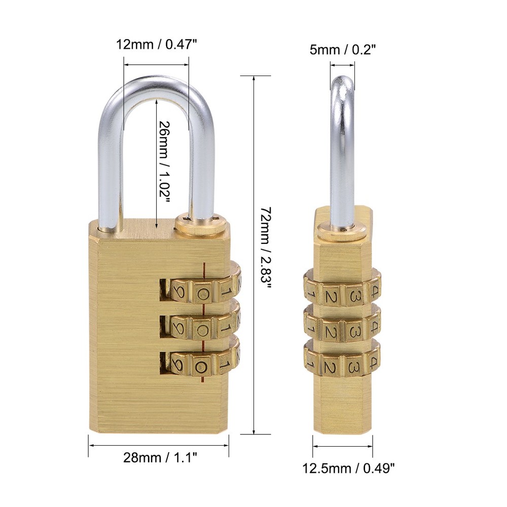 3-Digit Combination Padlock Brass Locks 5mm Shackle Diameter