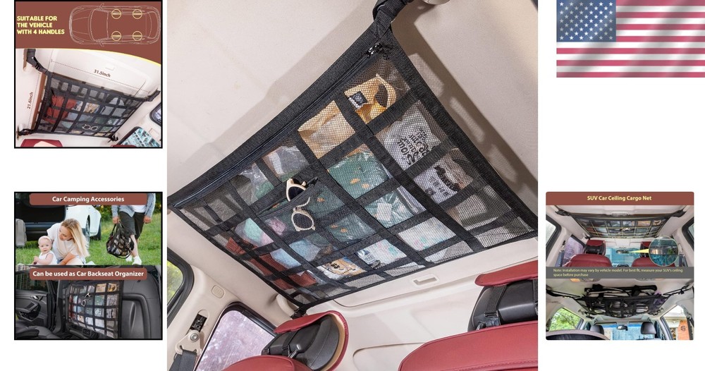 Double-Layer Car Ceiling Cargo Net Pocket - 31.5x21.6 Inches Storage Solution