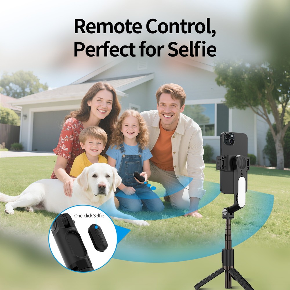 Video Mobile Phone Gimbal Stabilizer,Foldable Selfie Stick,Fill Light,w/Remote