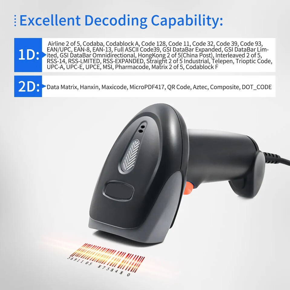 2.4G Wireless & USB Barcode Scanner 1D/2D/QR Code Scanner CMOS Handheld Cordless