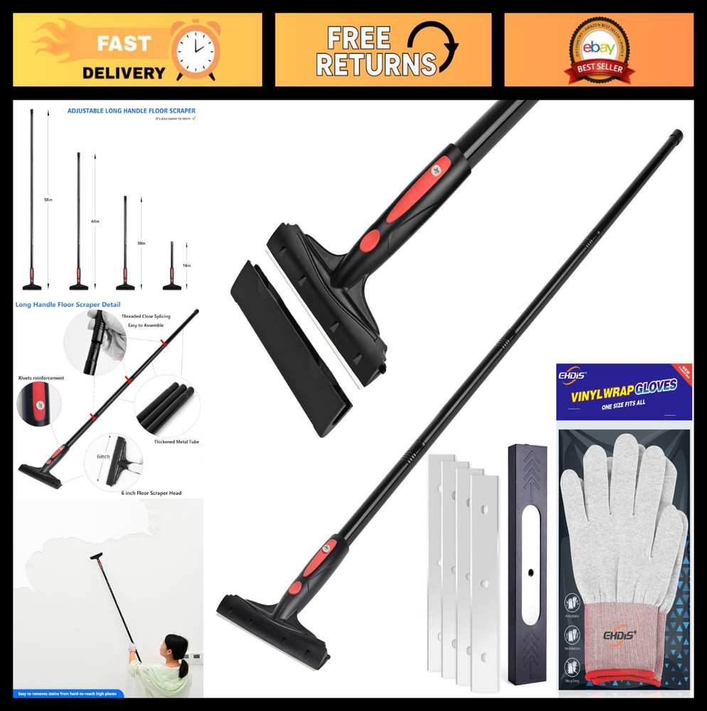 Extendable Razor Blade Scraper Tool - 16''-58'' Long Handle, 6" Wide Blade, 10 D