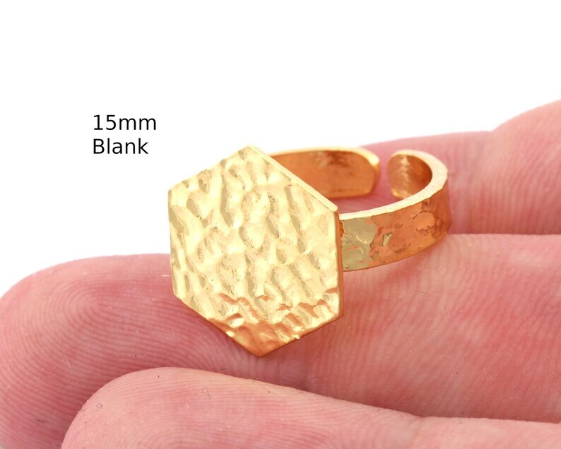 Hexagonal Hammered Adjustable Ring Blank-Shiny Gold Plated Brass15mm Blank 4947
