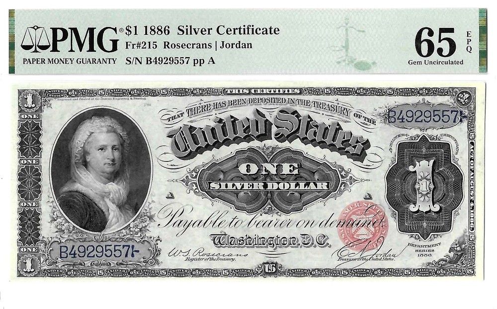 1886 $1 Silver Certificate Fr. 215 PMG Gem UNC 65 EPQ