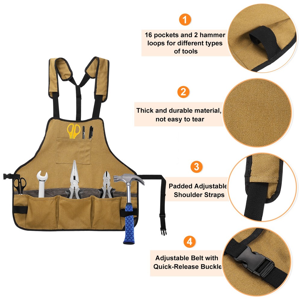 Canvas Work Tool Apron Adjustable Workshop Bib Aprons with 16 Pockets, Khaki