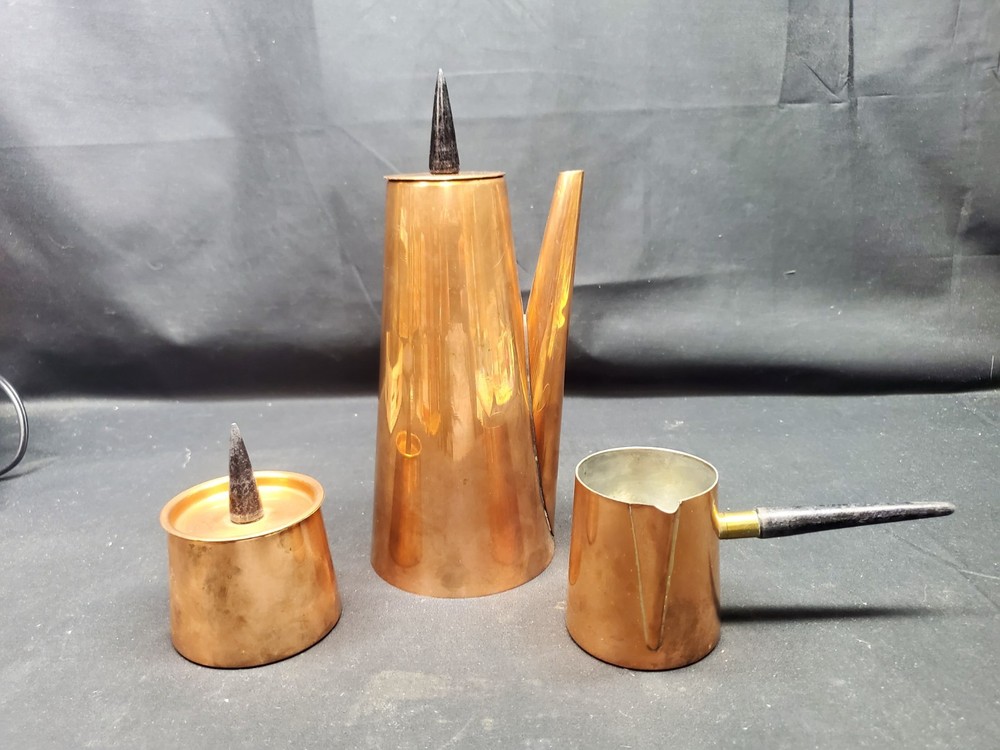 Mid Century Modern B&M Douro Angular Copper & Teak Coffee Pot Set Portugal 3pc