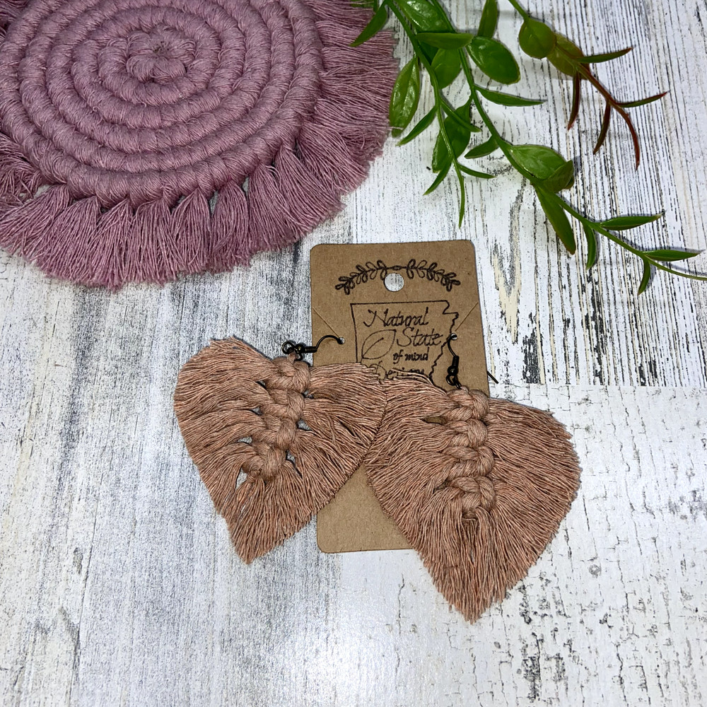 Handmade Boho Macrame Feather Leaf Dangle Earrings Tan