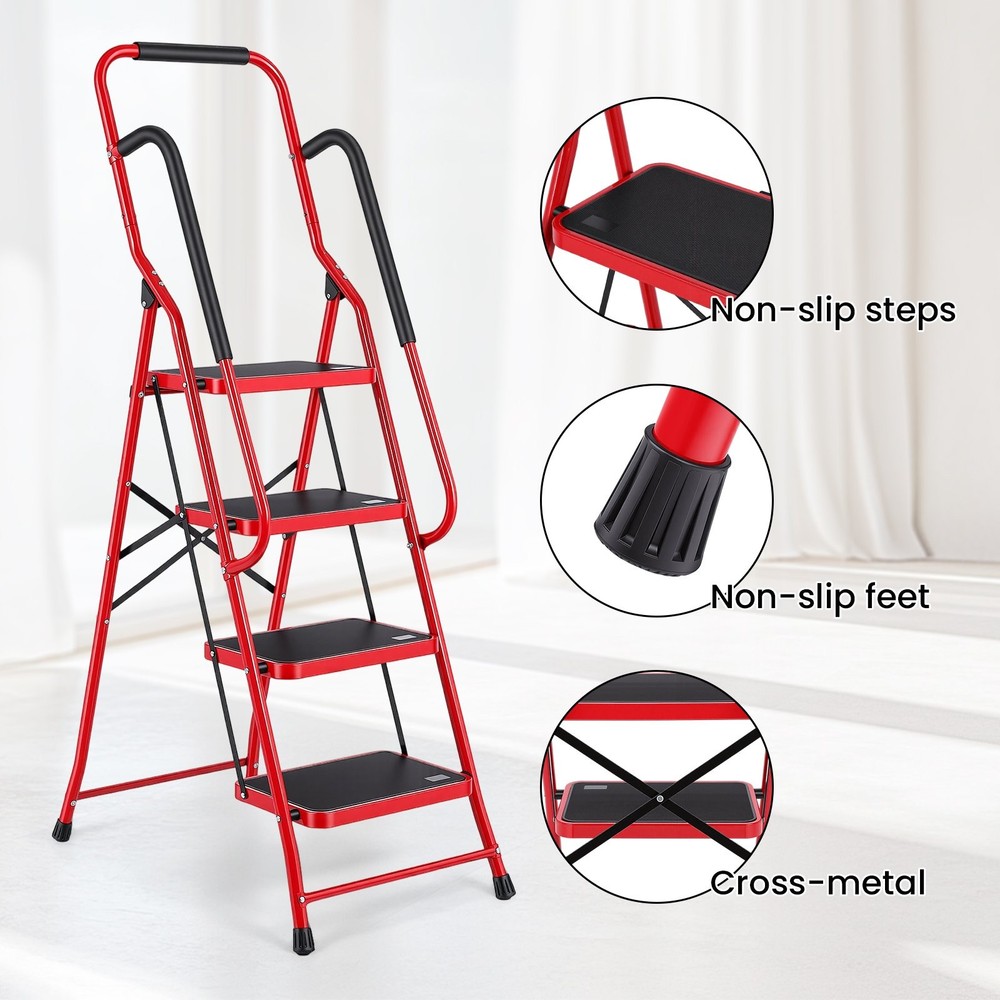 4 Step Ladder with Hankdrails, Folding Step Stool with Safety Lock, Red