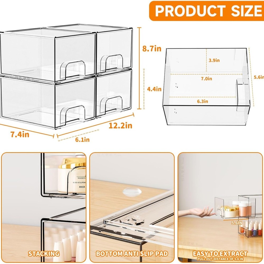 4 Pack Acrylic Stackable Drawer Storage Desktop Organizer Bins for Bathroom