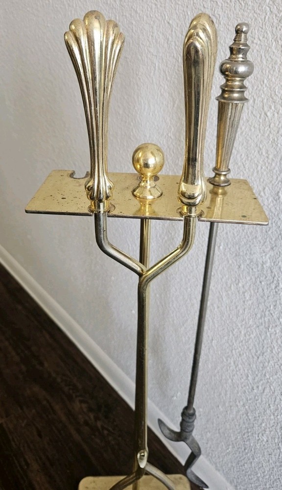 Vintage S.M.I. Solid Brass Fireplace Tool Set | Heavy Shell Nautical 29" | MCM