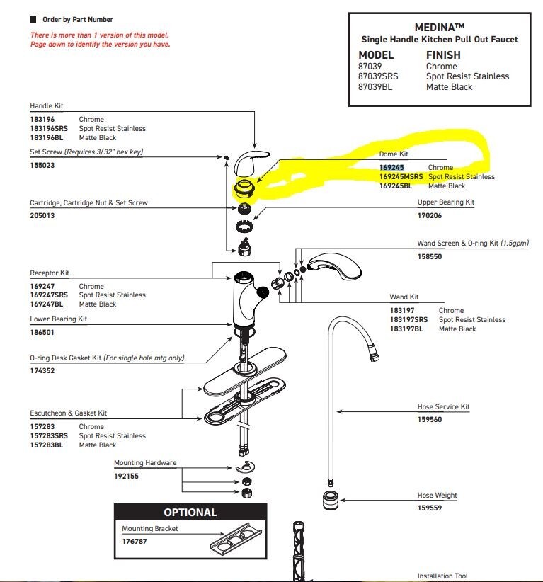 Moen 169245 Dome Kit For Medina 1-Handle Kitchen Pull-Out Faucet 87039, Chrome