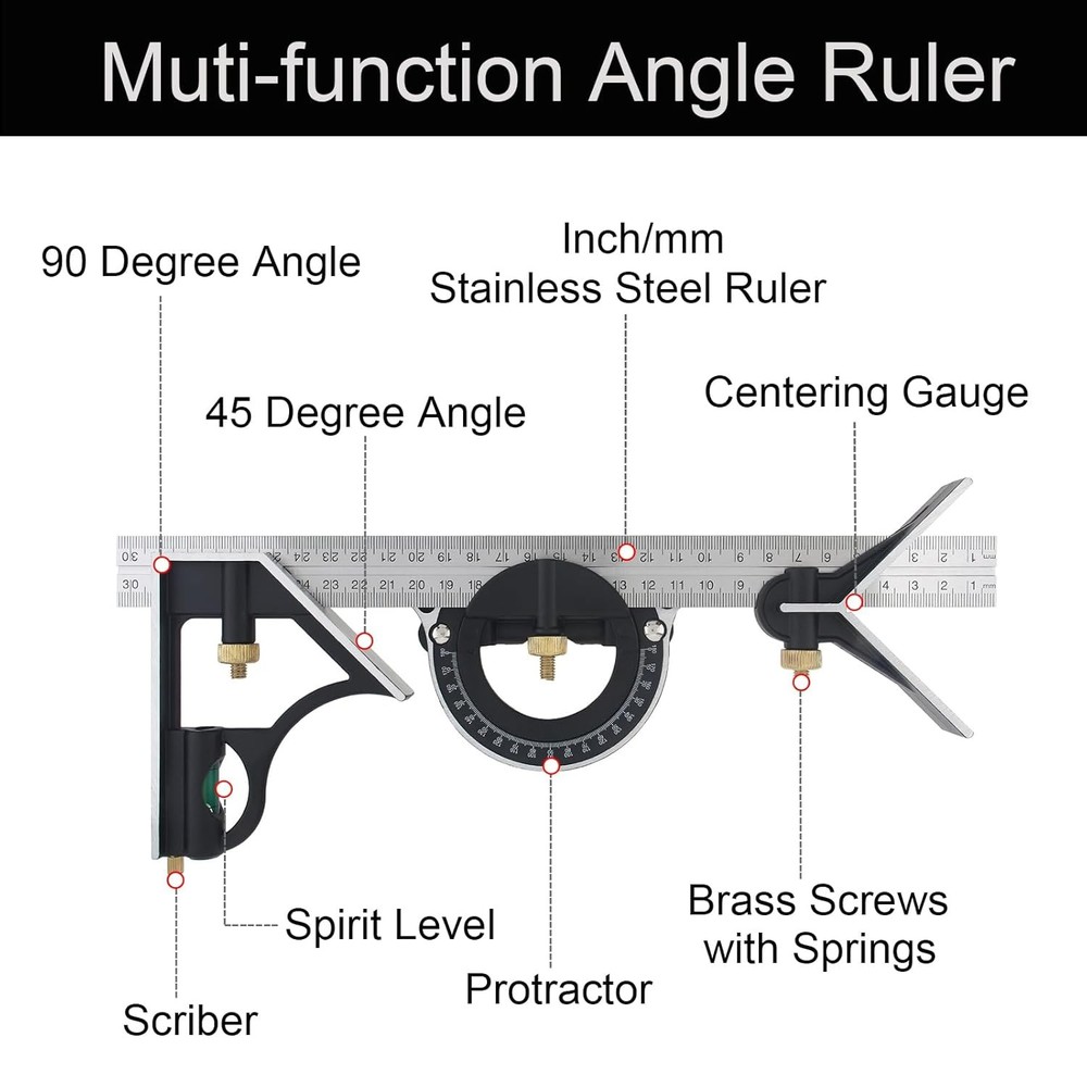 11.8 Inch Multi Function Ruler Set T Square Protractor Level for Woodworking DIY