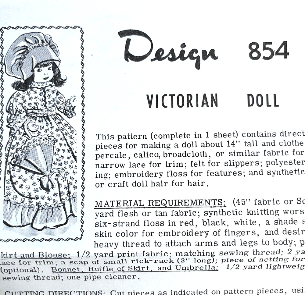 1950's Mail Order Victorian Doll and Clothes Pattern 854 Size 14 UNCUT