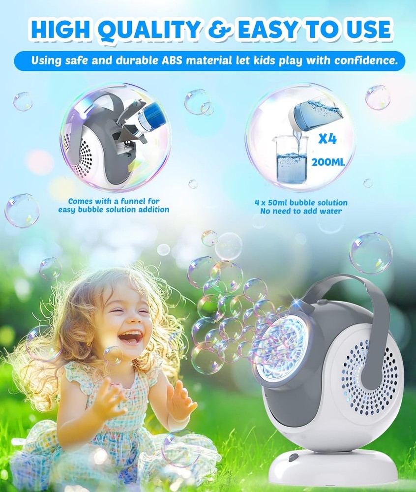 Rechargeable Bubble Machine - Auto 360° Rotation, 75° Tilt Range, 10 Large Wa...