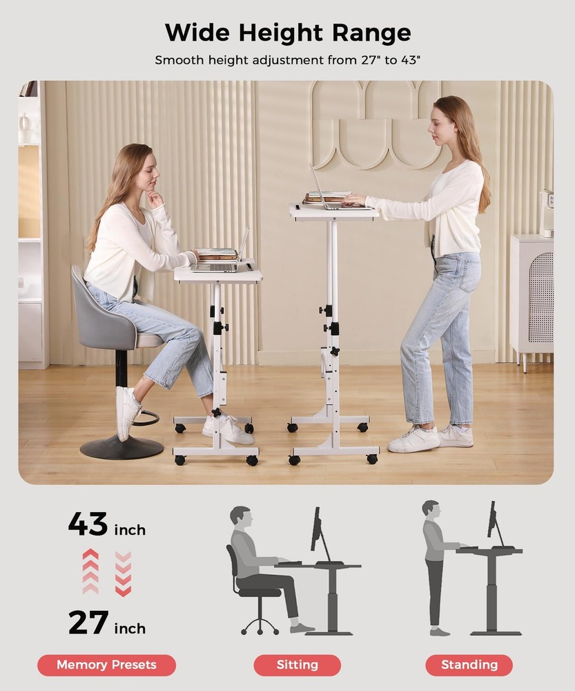 Standing Desk Adjustable Height, Mobile Stand Up Desk with Wheels Small Compu...