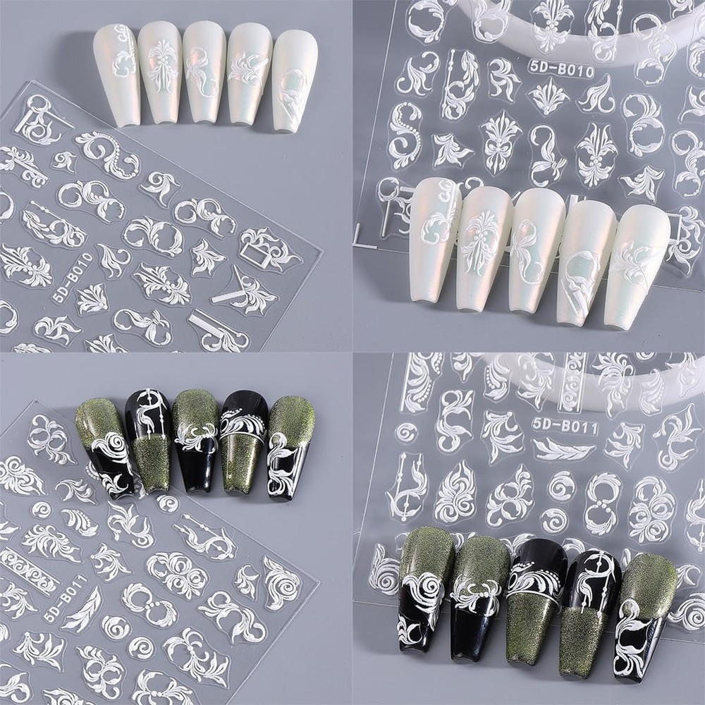 2 Sheets Embossed Flowers Nail Art Stickers Self-Adhesive White Vine Pattern ...