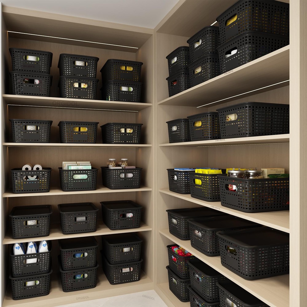 ORGIDOL Plastic Storage Basket with Lids 12 Pack Stackable Black Storage Bins Co