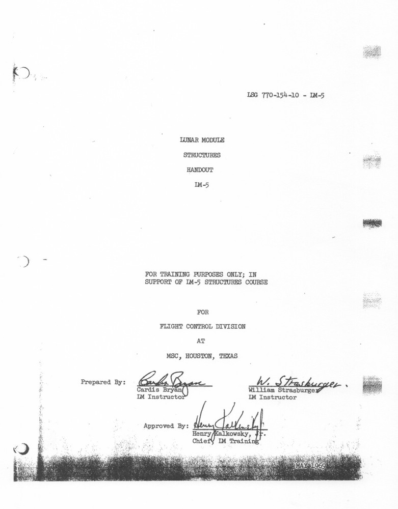 NASA APOLLO 11 LUNAR MODULE (LM-5) STRUCTURES DOCUMENT FOR ASTRONAUT TRAINING