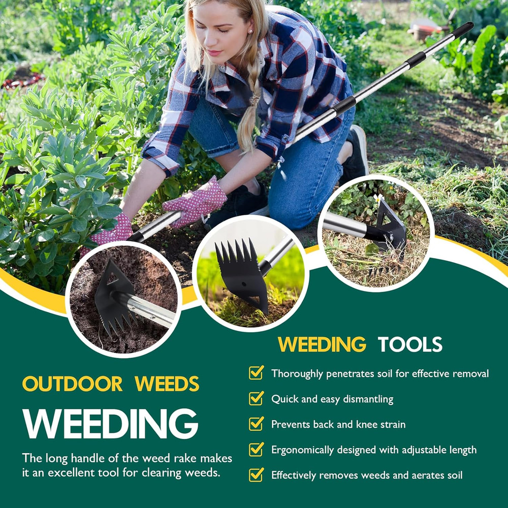 Heavy-Duty Long Handle Weeding Rake - 2-in-1 Manual Weed Puller Tool