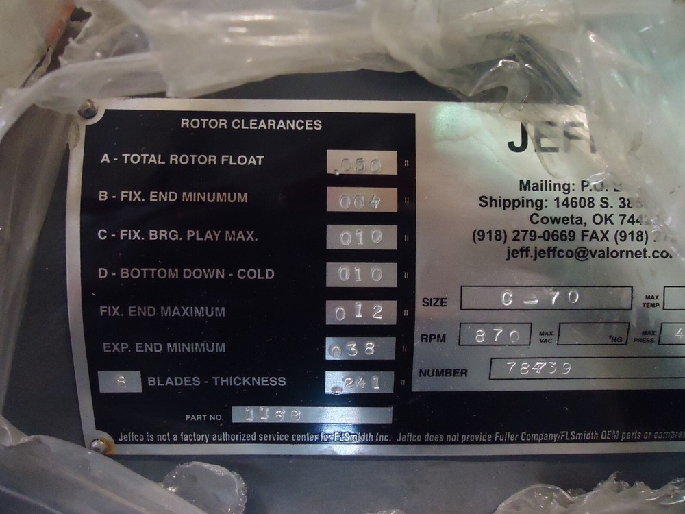 JEFFCO LLC Rotary Vane Compressor Model C-70 Right Hand Discharge Single Stage