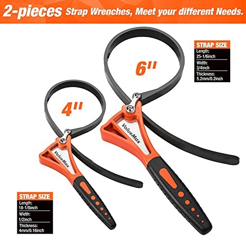 2-piece Rubber Strap Wrench Set, Adjustable Straps with Max Diameter 4"