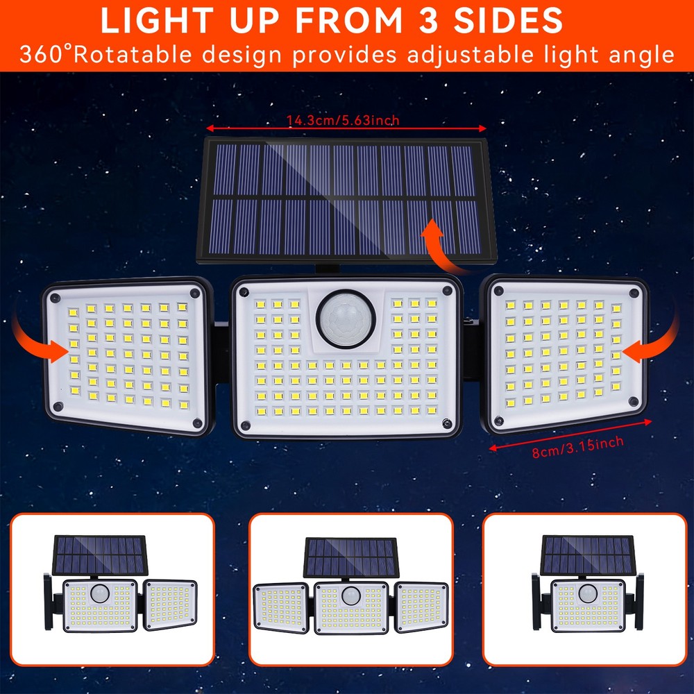 2 Pack LED Solar Lights 3-Head Outdoor Motion Sensor Security Lamp Waterproof US
