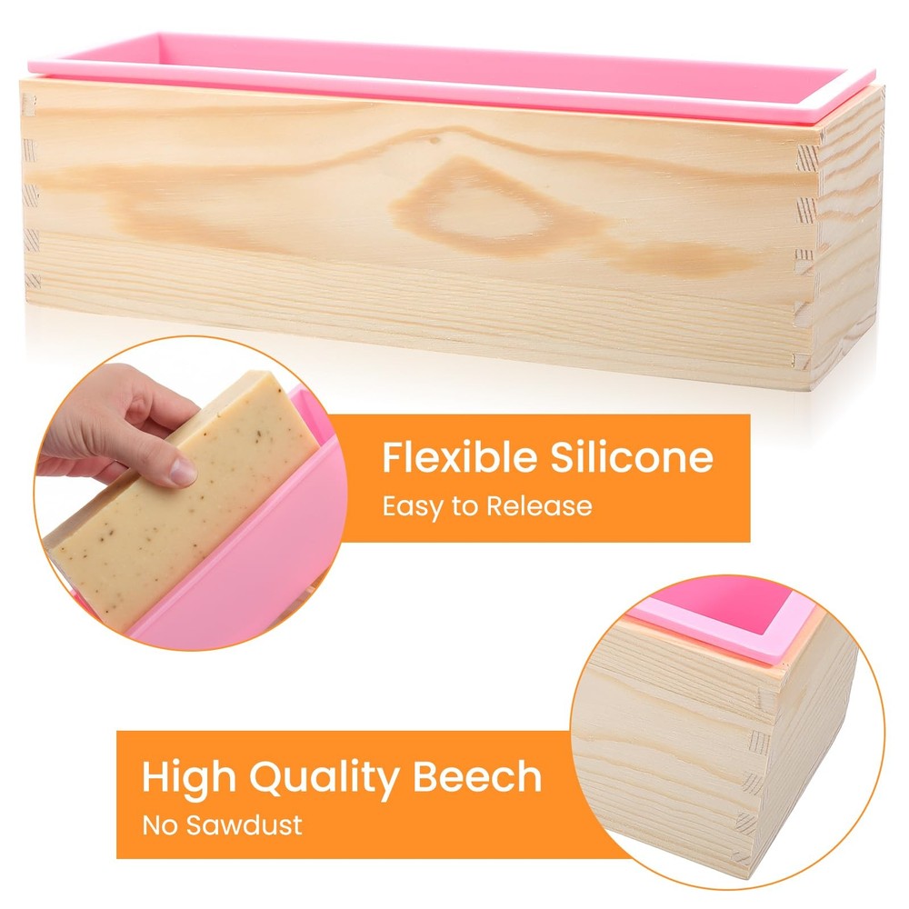 2 Pcs Rectangular Loaf Soap Molds Kit with Wooden Box, 42oz Flexible Silicone...