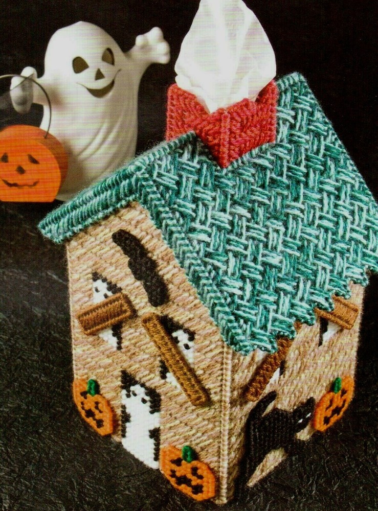 SPOOKY COTTAGE TISSUE TOPPER GHOST HALLOWEEN PLASTIC CANVAS PATTERN INSTRUCTIONS