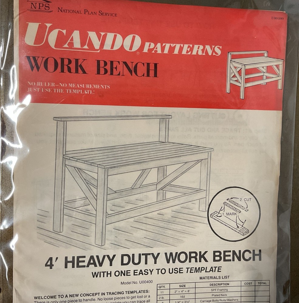 UCANDO U00400 4’ Work Bench Plans Rebagged With Material List NOS W/Templete