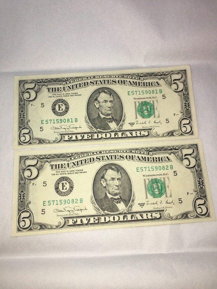 2 Consecutive 1988A $5 FRN's - Both w/ Major Obstructed Printing Error Reverse