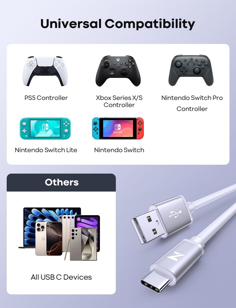 ZENANBiBi White PS5 USB C Charging Cable 10ft, Long