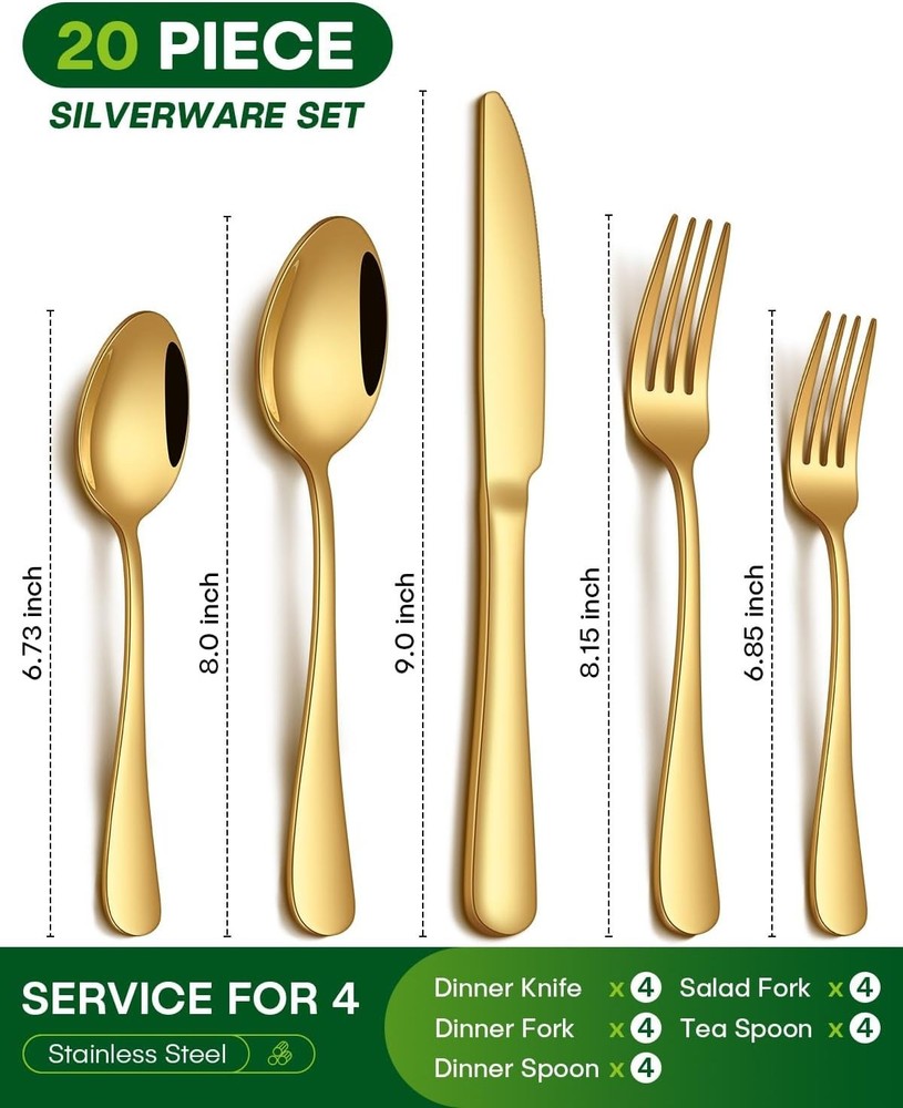 Rust-Resistant 20-Piece Gold Silverware for 4: Includes Knives, Forks, Spoons