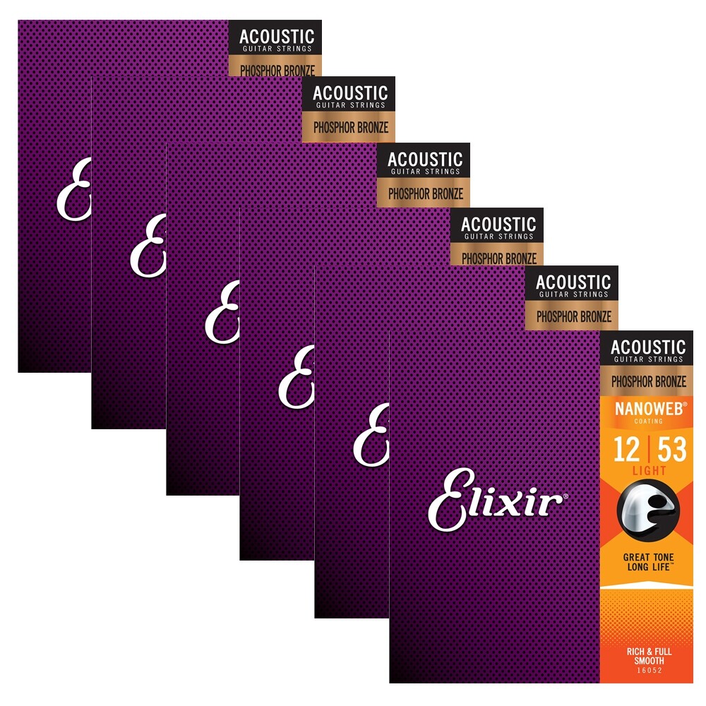 Elixir 16052 Nanoweb Phosphor Bronze Light Acoustic Guitar Strings 12-53 6-Pack